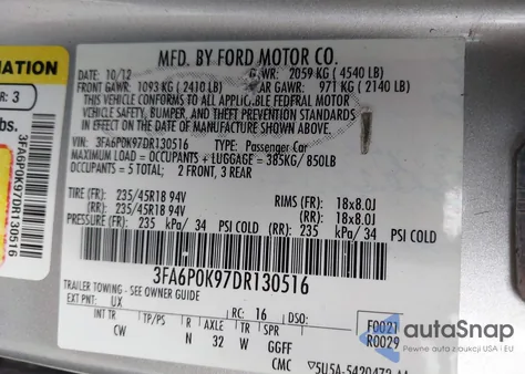 2013 Ford Fusion Titanium из США, поврежденный, VIN 3FA6P0K97DR130516